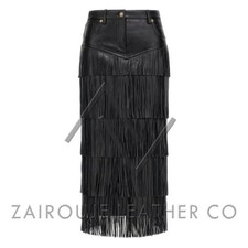 Women  s Black Leather Fringe Skirt, Real Lambskin Midi High Waist Western Chic