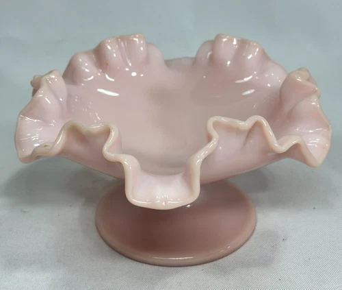 Vtg. FENTON Rose Pastel - PINK  Milk Glass Ruffled Compote Candy Dish 6.5" dia.