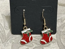 Christmas Stocking Gem Holiday Gold Loop Enamel Drop Dangle Adorable Earring Set