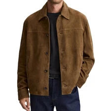 Men's Classic Brown Suede Leather Trucker Jacket Button-Up Shirt Biker Jacket
