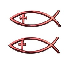 Cross Fish Car Emblem Decals, 3D Jesus Cross Decal, Waterproof Badge 2 PCS Red