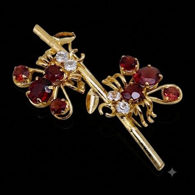 Vtg Red Garnet Bee Brooch Gold Tone RARE Bees Clear Bug Tree Branch Bar Pin Read