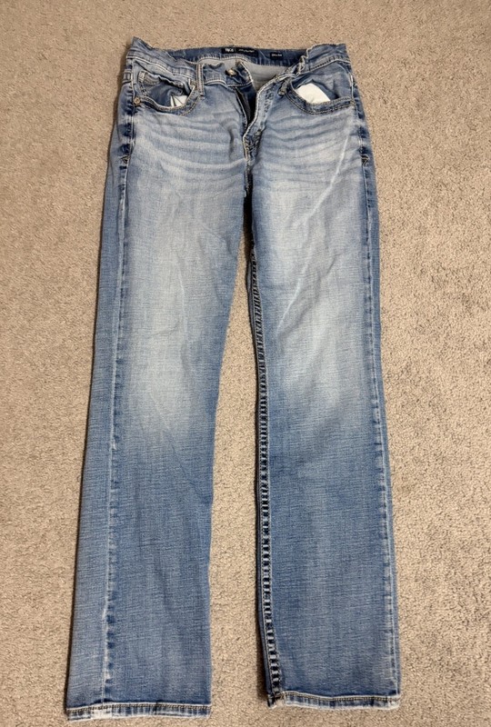 BKE Men’s Blue Denim Jeans Straight Fit Regular Light Wash 4 Pocket Logo