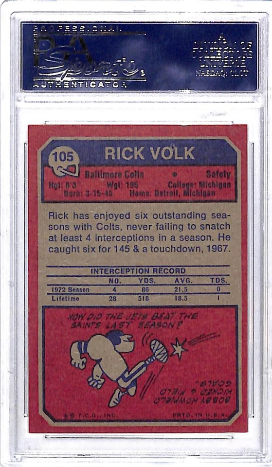 1973 Topps #105 Rick Volk Baltimore Colts Football Card PSA 8 NM-MT ID:46159 - Image 2 of 2