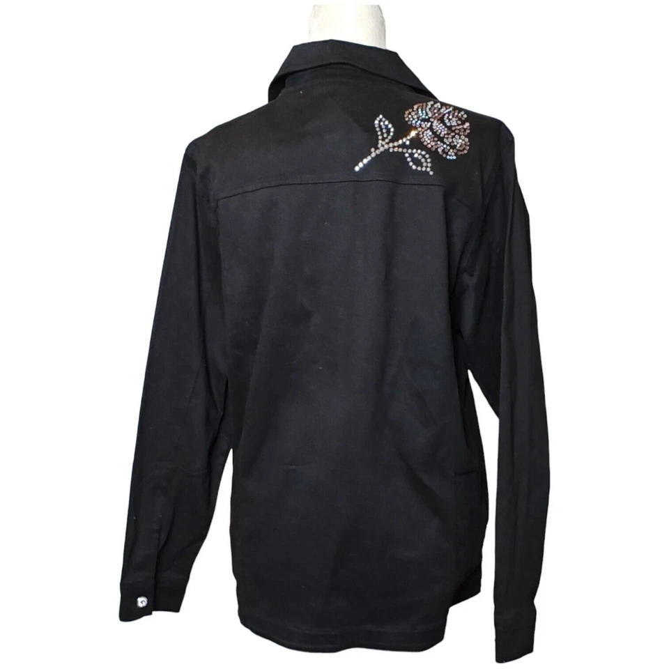 Nueva chaqueta de mezclilla Quacker para mujer talla mediana algodón cepillado brillante floral negra Foto 3 de 4