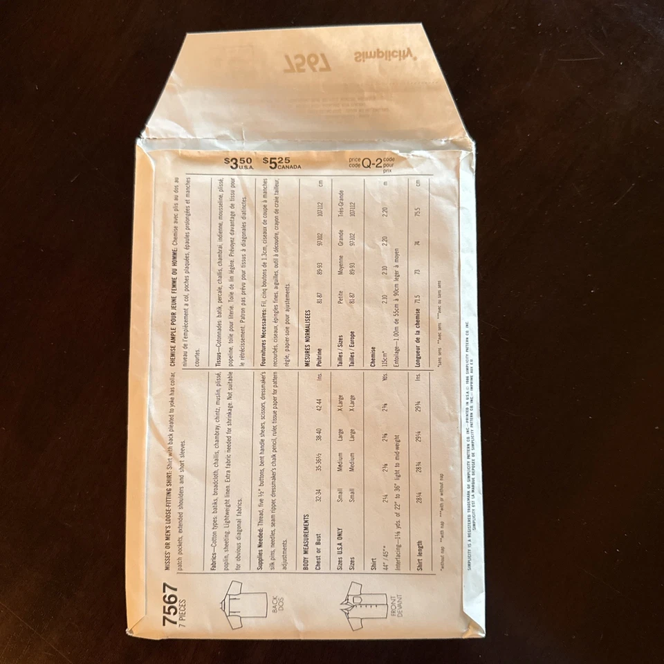 7567 VTG Simplicity Sewing Pattern Misses Mens Loose Fit Button-Up Shirt - SZ XL - Image 2 of 3