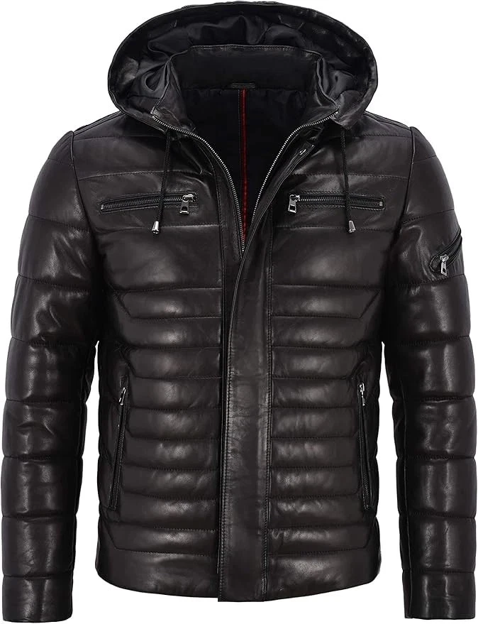 Men's Black Real Leather 100% Lambskin Jacket Puffer Hooded Full Quilted Jacket