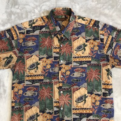Tori Richard Shirt Mens Medium Hawaiian Camp Floral Turtle Fish Cotton Lawn 