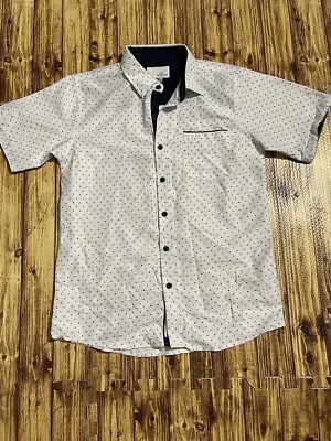 Craft Flow Big Boy White Navy Dot Fluer Current Short Sleeve Dress Shirt M 10-12