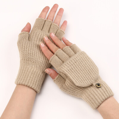 Womens Mens Warm Winter Fingerless Gloves Flip Knitted Gloves Mittens Soft
