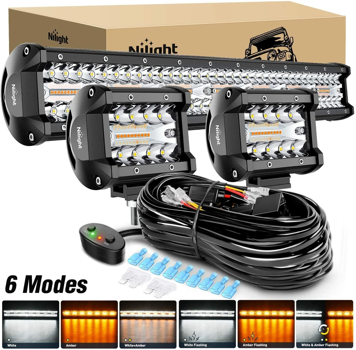 Nilight 20Inch 420W LED Light Bar Amber White Strobe 4Inch 60W