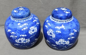 Antique Chinese 18/19th c. Pair of Porcelain Ginger Jars Kangxi Blossom Prunus