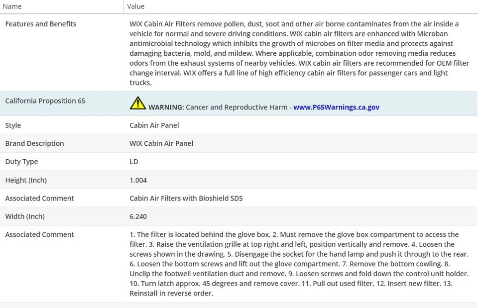 WIX Cabin Air Filter For BMW 323I 1998-1999 L6-2.5L - Image 3 of 4