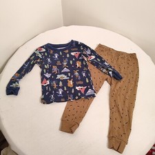 Carters Toddler Boy Pajamas Set 18M Blue Brown 1960s Animal Camping Print Cotton