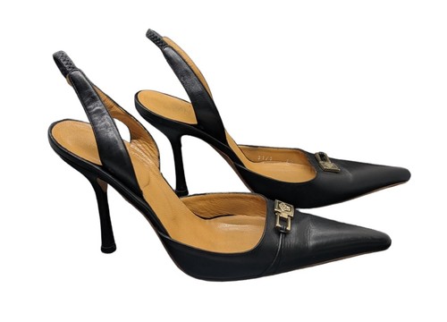 GIANNI VERSACE Vintage Black Leather Emblem Stiletto High Heels Slingback  37.5 | eBay