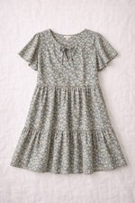 Lucky Brand Floral Babydoll Dress- L- Tiered Mini Boho Cottagecore Sage Green