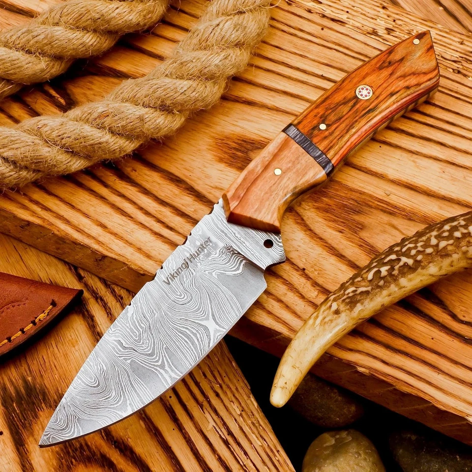 Cuchillo de caza Damasco hecho a mano de 9" hoja fija de 288 capas con funda de cuero Foto 2 de 4