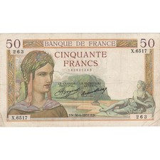 [#334689] France, 50 Francs, Cérès, 1937, X.6517, EF, Fayette:17.40, KM:81