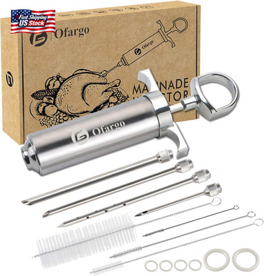 Ofargo Stainless Steel Meat Injector Syringe Kit with 4 Marinade Needles for BBQ