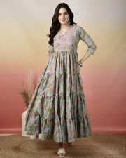 Indian Women Cotton Gray Floral Printed Anarkali Flared Kurta Kurti Long Dress