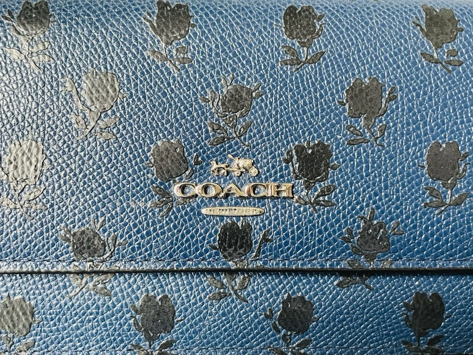 RARE COACH Badlands Floral Slim Envelope Wallet Dark Blue Leather Black Flowers - Image 2 of 4
