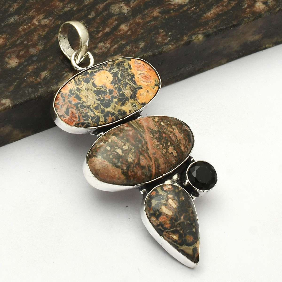 Leopard Skin Jasper Black Onyx Ethnic Pendant Jewelry 3 Inches AP-76631