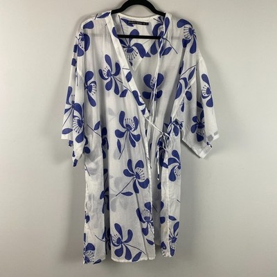 Gudrun Sjoden Kimono Wrap Womens L/XL Blue White Floral Cover Up Tunic Resort