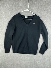 Lacoste Sweater Mens Medium Black V Neck Knit Pullover Classic Croc Logo