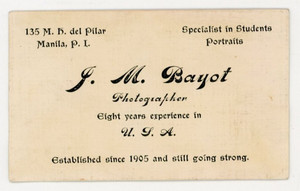 1920s-30s J.M. Bayot Photographer Manila Philippine Island Business Card F220
