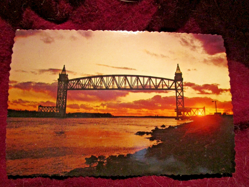 Vintage Cape Cod Canal Vertical Lift Bridge Sunset Postcard Plasticrome