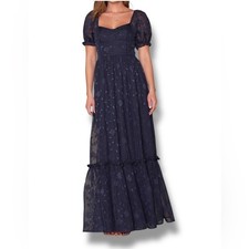 Lulus Navy Blue Floral Embossed Sweetheart Puff Short Sleeve A-Line Maxi Size M