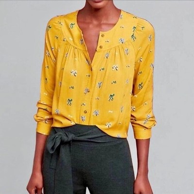 Anthropologie 26 of 52 Conversations Mustard Yellow Bow Pattern Blouse Size 4