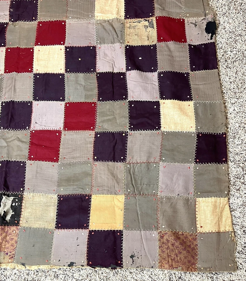 VTG Turn of the Century HAND STITCHED 82"x66" Patchwork CRAZY QUILT *Needs TLC* - Image 4 of 4
