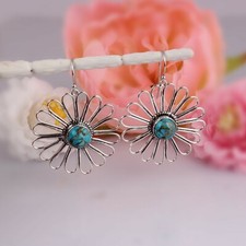 Copper Turquoise Flower Dangle Earring 925 Sterling Silver Handmade Earrings
