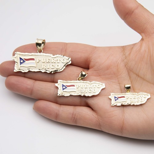 Diamond-Cut Puerto Rico Map & Flag Pendant Real 10K Yellow Gold All Sizes - Picture 1 of 4