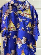 Vintage JAB Native American Western  Print Silk Button Up Shirt Sz XL