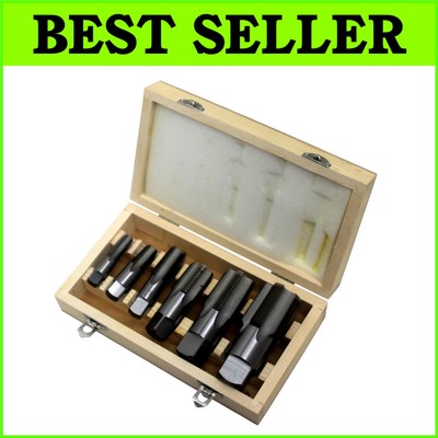 Precision 6-Piece Pipe Tap Set - Carbon Steel Taper Taps with Wood Case Included