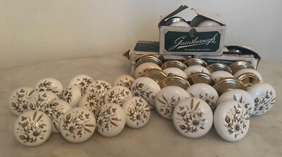 Lot of 32 Vintage GAINSBOROUGH Porcelain Door Knobs- White & Gold Floral