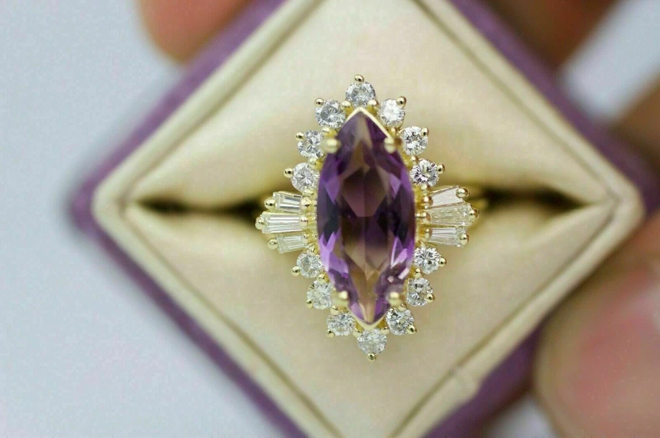 2.75 Ct Marquise Cut Simulated Amethyst Engagement Ring 14K Yellow Gold Finish - Image 2 of 4