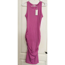 Antistar Women's Midi Dress Sleeveless Ruched Side Ribbed Crew Neck Pink Medium