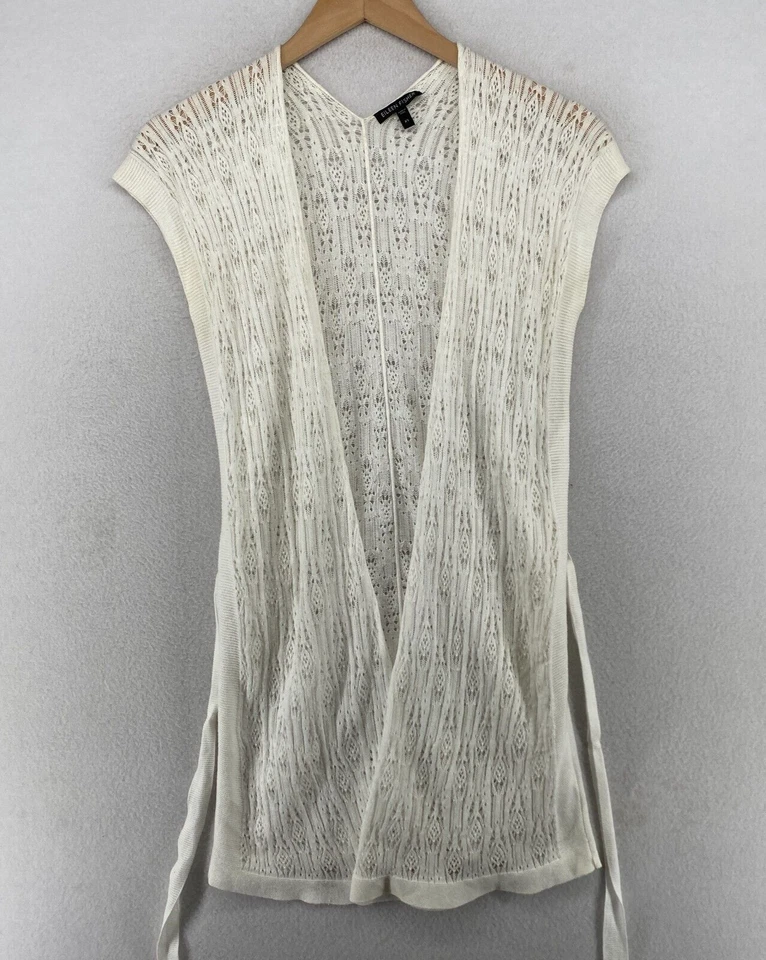 EILEEN FISHER Cardigan XS Organic Cotton Lace Stitch Wrap Tie Belt Vest White - Image 2 of 4