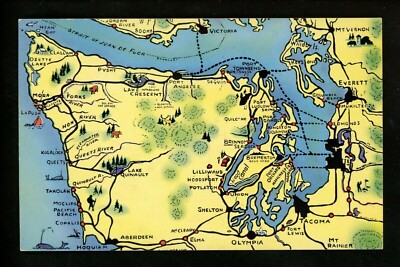 Map Greetings postcard Washington WA Olympic Peninsula chrome