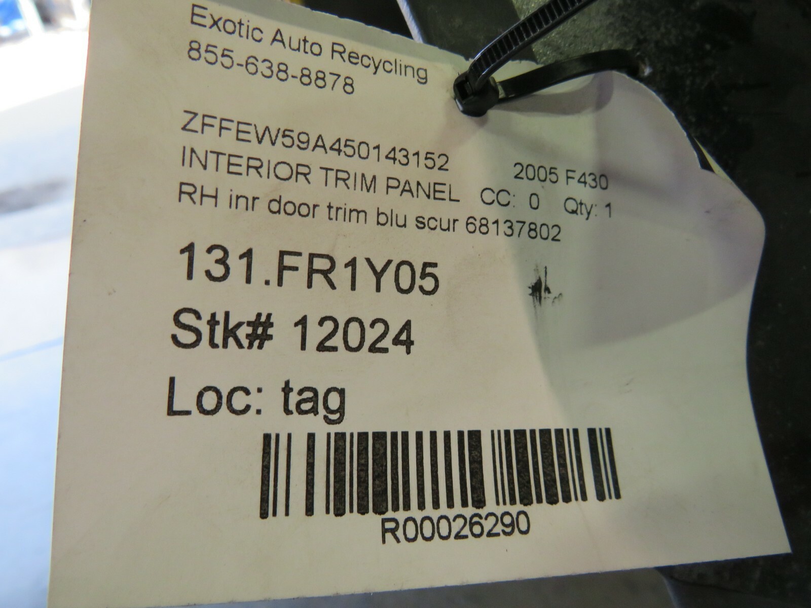 Ferrari F430, RH, Right, Inner Door Trim, Blue Scuro, Used, P/N 68137802