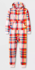 Cat  Jack Girls Fleece Union Suit One Piece Hooded Pajama Plaid Medium Sz8 EUC