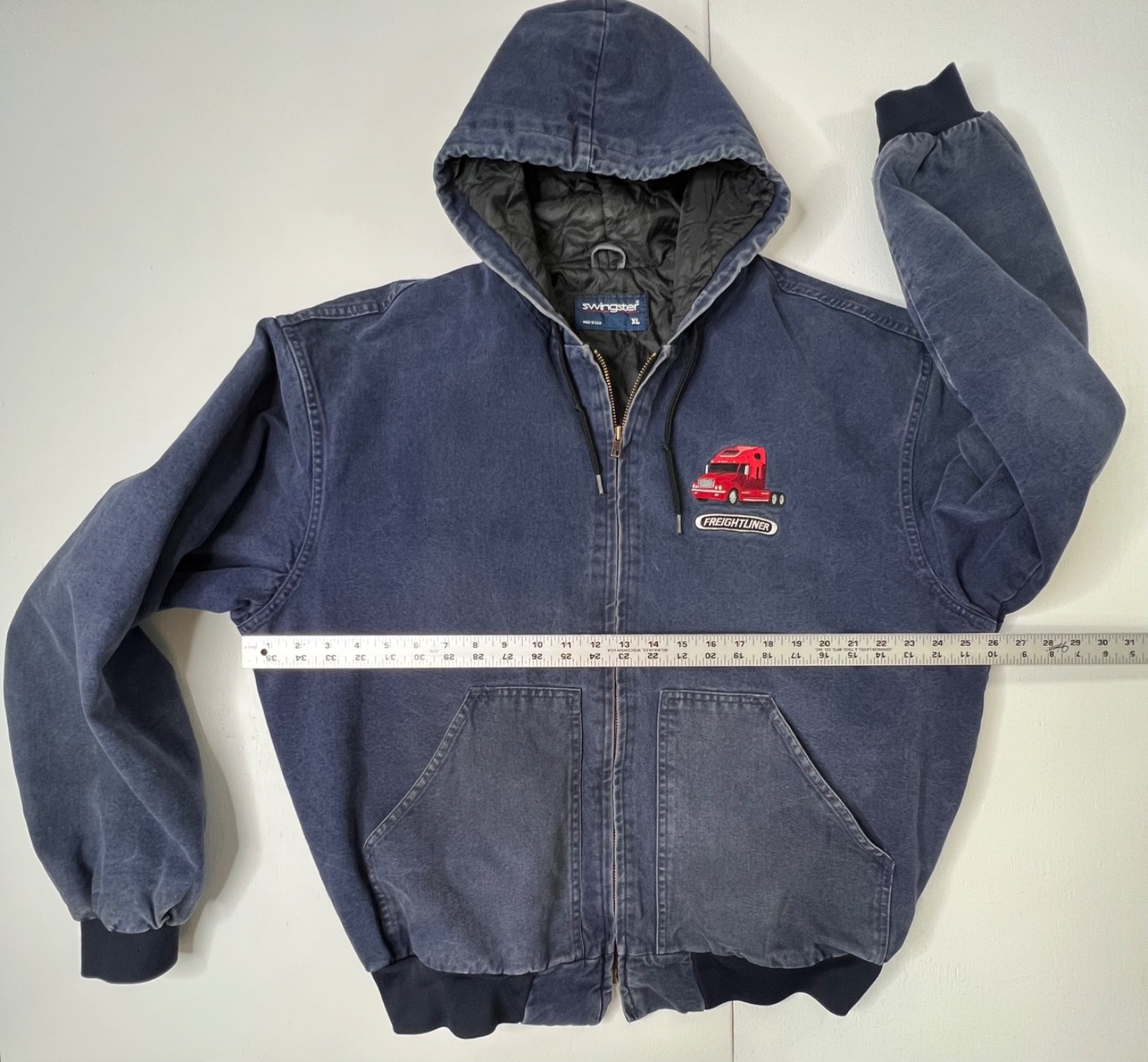 Swingster Vintage Freightliner Jacket Blue Denim Hooded USA Workwear Men's XL