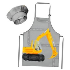 2Pcs Kid Apron And Chef Hat Set, Adjustable Children Kitchen Apron, Excavator