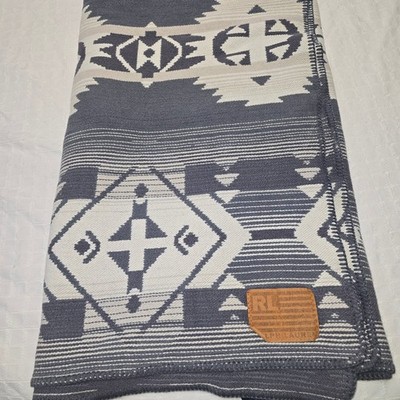 Vintage Ralph Lauren Southwest Twin Blanket Throw Aztec Blueish Grey Made in USA