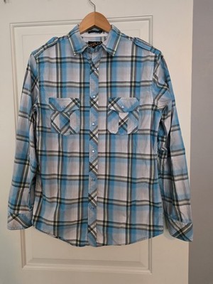 Hel8x Athletic Fit LS Blue Plaid Pearl Snap Mens Shirt Size Small
