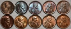 10x BU Lincoln Cents, 1909 VDB, 1910, 1919, 1927, 1929, 1930-S, 2x 36, 37 & 39-D