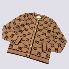 Gucci GG Monogram Wool Curly Jacquard Cardigan Sweater Brown Size L